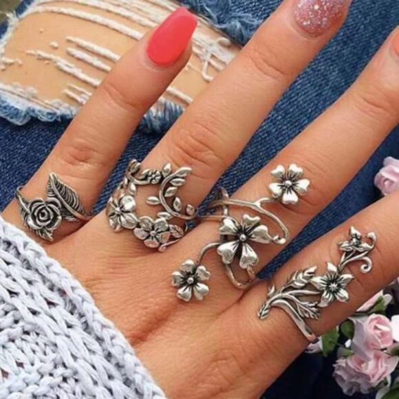 ✨🌸BoHo Silver Spiral Flower Wrap Ring Set 4pcs🌸✨ - Picture 1 of 13